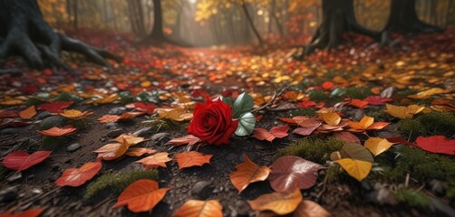 Wall Mural - Colorful leaves and a red rose on the forest floor, natural colors, earthy tones, outdoor scenery