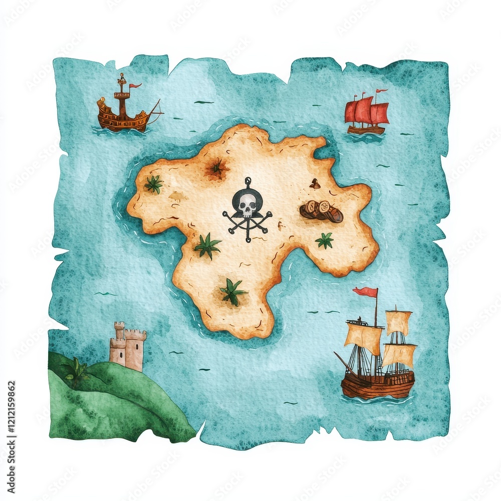 Antique Treasure Island Pirate Map Illustration with Ships and Skull ...