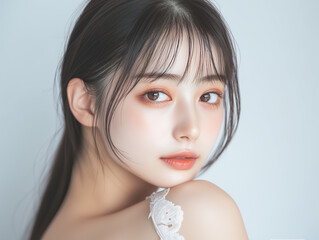 Aufkleber - 美肌の若くて可愛いアジア人女性モデルの美容ポートレート。ナチュラルメイクの可憐な女性。	