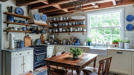 Rustic kitchen interior with wooden beams, open shelves filled with dishes and a large window view