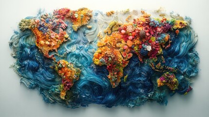 Wall Mural - Painted world map, floral continents, ocean waves, studio shot, eco-design