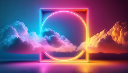 Wall Mural - 3d render, abstract minimal background with pink blue yellow neon light square frame with copy space