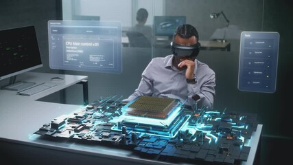 African American Engineer Uses Virtual Reality Headset to Visualize Augmented 3D Holographic Model of Processor or Computing Machine. VFX of Digital Interface for Artificial Intelligence Development.
