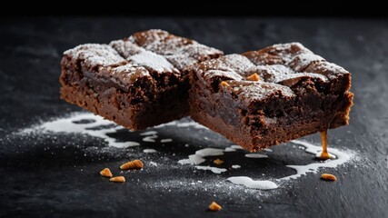 Two rich chocolate brownies dusted with powdered sugar on a dark surface.