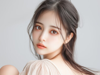 Aufkleber - 美肌の若くて可愛いアジア女性モデルの美容ポートレート。ナチュラルなメイクをしている可憐な美少女。	