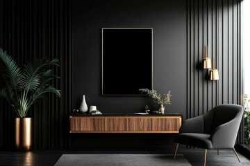 Wall Mural - Dark-themed living room mockup featuring black walls.