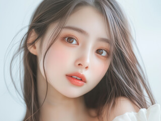 Aufkleber - 美肌の若くて可愛いアジア女性モデルの美容ポートレート。あどけない表情をしている可憐な美少女。	