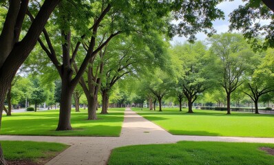 Canvas Print - Lush green park with walking paths