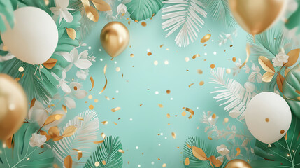 Canvas Print - Elegant party scene with balloons and tropical leaves.