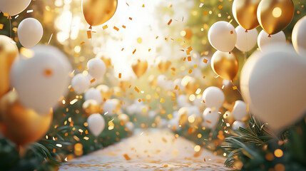 Canvas Print - Golden and white balloons float along a path, confetti falling.