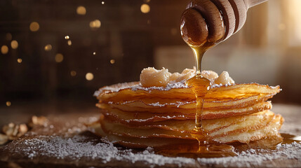 Wall Mural - Sweet pancakes topped with honey celebrate Candlemas in a cozy setting