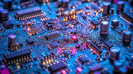 Poster - Close-up of illuminated circuit board with microchips, resistors, and capacitors.