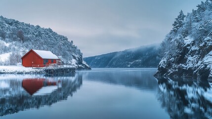 Aufkleber - Red cabin on snowy lake, reflected in calm water, winter landscape.