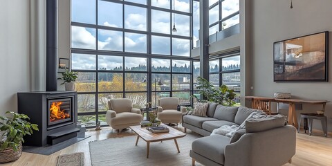 Poster - Modern loft apartment living room with large windows, fireplace, and comfortable furniture. (1)