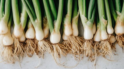 Wall Mural - Freshly harvested scallions with roots, arranged in rows on a light surface.