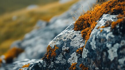 Aufkleber - Close-up of orange lichen growing on gray rocks, blurred green background.