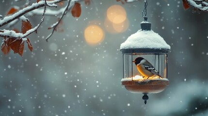 Poster - Snowy garden bird feeder, winter scene, snowfall, bird feeding, holiday card