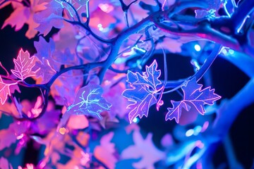 Wall Mural - Illuminated Leaves Adorn Branch Neon Lights Glowing Brightly