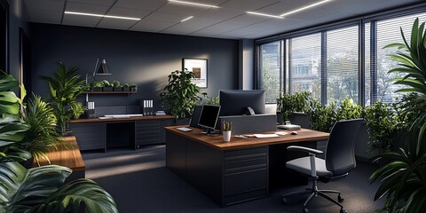 Aufkleber - Modern, dark office with abundant indoor plants and large windows offering natural light.
