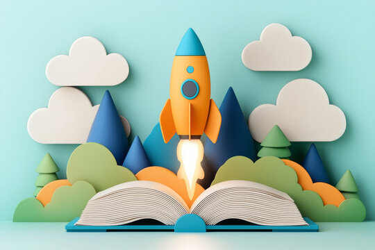 A whimsical abstract illustration of a colorful toy rocket soaring upward, emerging from an open book, set against a soft, bokeh-lit background with pastel hues,