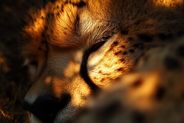 Aufkleber - Close-up of a sleeping cheetah's face, illuminated by golden sunlight.