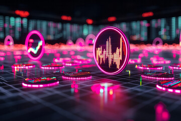 Poster - A futuristic virtual reality dashboard displaying dynamic stock market chart lines in vibrant neon colors, with holographic data points floating around the user in a dark VR environment,