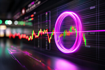 Poster - A futuristic virtual reality dashboard displaying dynamic stock market chart lines in vibrant neon colors, with holographic data points floating around the user in a dark VR environment,