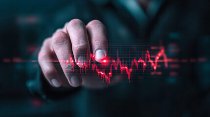 Poster - A professional trader using a VR headset to navigate through 3D stock market charts, with interactive lines and graphs that respond to hand gestures in a futuristic office environment,