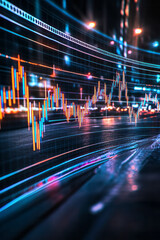Poster - A high-resolution virtual reality visualization of stock market trends, with chart lines p