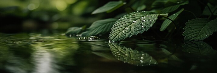 Poster - Dew-kissed leaves reflected in still water, creating a serene natural scene.
