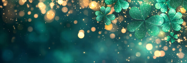 Aufkleber - A vibrant festive background featuring shining green clover shamrocks scattered across a golden bokeh backdrop, creating a magical St,