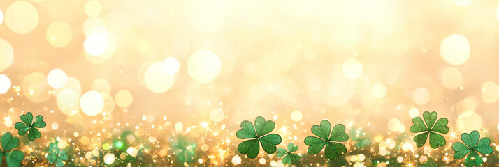 Aufkleber - A vibrant festive background featuring shining green clover shamrocks scattered across a golden bokeh backdrop, creating a magical St,