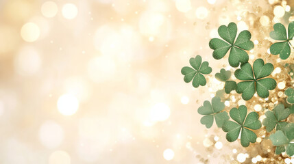 Aufkleber - A sophisticated festive design with shimmering green clover shamrocks on a shimmering gold bokeh backdrop, perfect for elegant St,