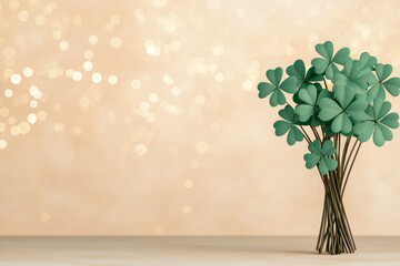 Aufkleber - A charming festive scene featuring shining green shamrocks against a soft golden bokeh backdrop, embodying the luck and joy of St,