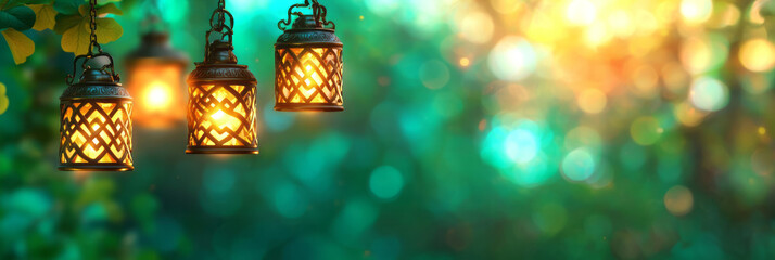 Aufkleber - A magical festive illustration of luminous shamrocks set against a vibrant golden bokeh background,