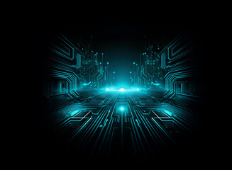 Aufkleber - Abstract digital art depicting a glowing cyan circuit board pathway receding into a dark background.  The design evokes feelings of technology, innovation, and futuristic landscapes.