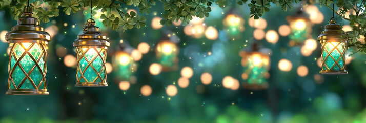Poster - A magical festive illustration of luminous shamrocks set against a vibrant golden bokeh background,