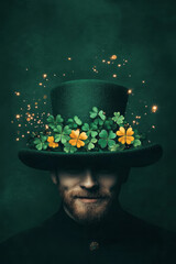 Aufkleber - A festive St. Patrick's Day backdrop showcasing a whimsical leprechaun hat filled with colorful clover flowers,