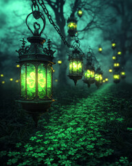 Aufkleber - A magical St. Patrick's Day night scene with illuminated green lanterns hanging from ancient Celtic trees,
