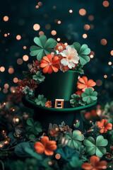 Aufkleber - A festive St. Patrick's Day backdrop showcasing a whimsical leprechaun hat filled with colorful clover flowers,