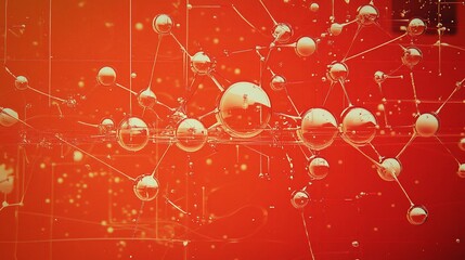 Wall Mural - Abstract network of glowing spheres and lines on red background.