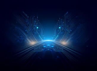 Aufkleber - Abstract digital artwork depicts a futuristic highway of glowing blue circuits receding into a dark horizon.  The scene evokes speed, technology, and innovation.