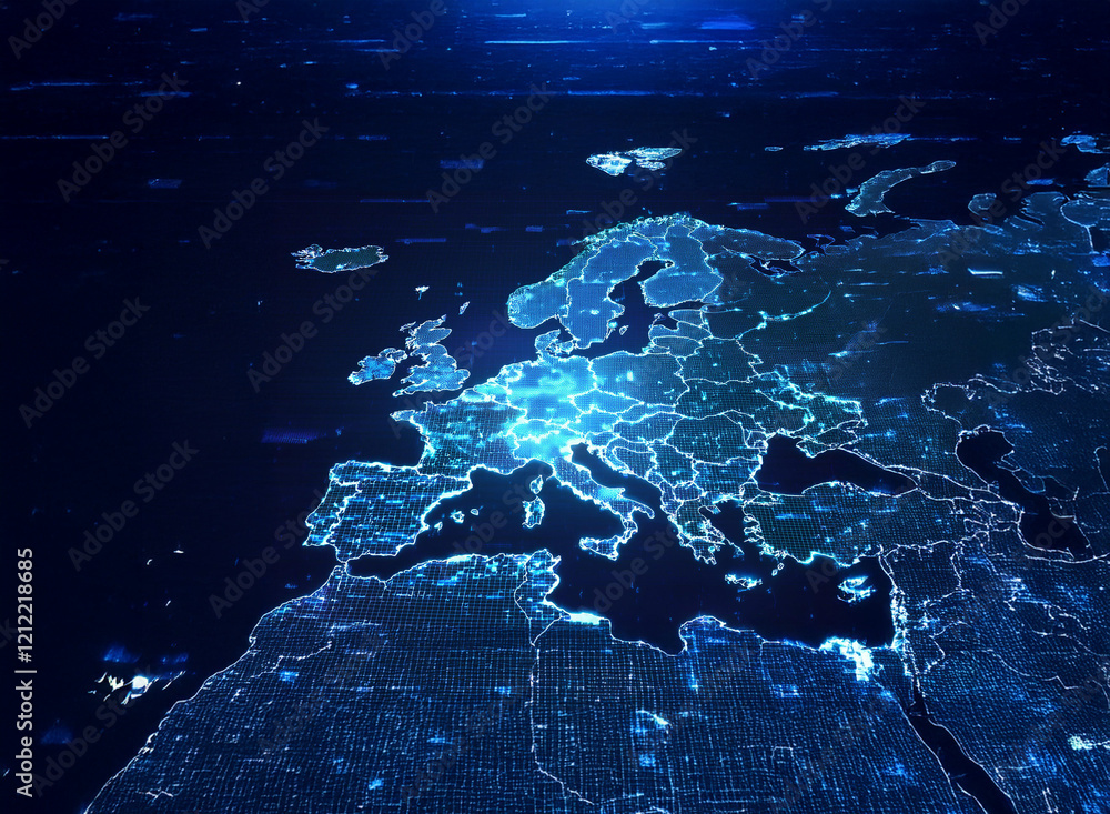 A futuristic, glowing digital map of Europe. Bright blue lines ...