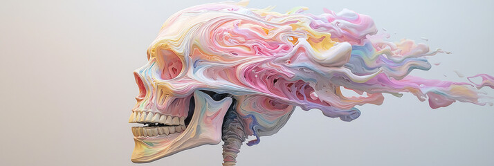 Poster - A surreal abstract human skull covered in swirling multicolored paint strokes, creating a dynamic contrast against a minimalist white backdrop,