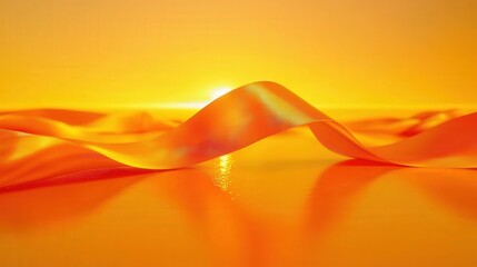 Wall Mural - soft orange ribbon flowing across a bright sunset background with calm water reflection