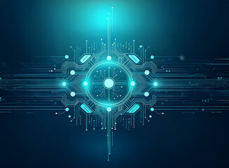 Aufkleber - Abstract digital artwork depicting a futuristic circuit board design with glowing turquoise lines and nodes, centrally focused and radiating outwards against a dark blue background.  It evokes a sense
