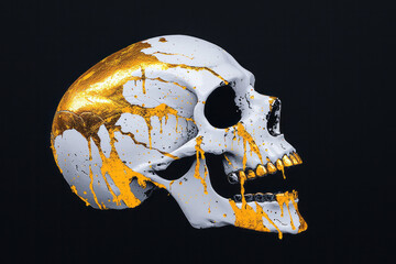 Poster - A minimalist abstract human skull adorned with delicate paint splatters in gold and silver, adding a touch of elegance and sophistication to the design,