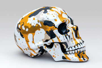 Poster - A minimalist abstract human skull adorned with delicate paint splatters in gold and silver, adding a touch of elegance and sophistication to the design,