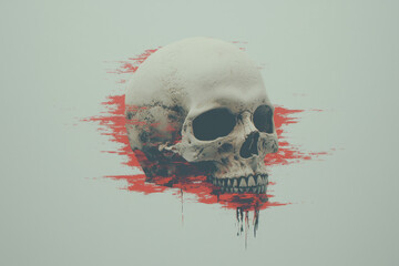 Poster - An elegant abstract human skull with subtle paint splashes in muted tones, emphasizing the delicate balance between color and form,