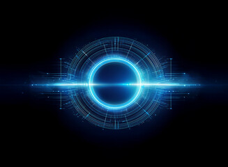 Fototapete - Glowing blue circular interface with digital elements, radiating light streaks against a dark background.  Suggests technological advancement and futuristic design.